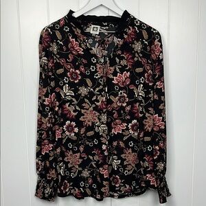 Anne Klein Womens Tunic 1X Black/Brown Floral Print Ruffle Neckline Chic Relaxed